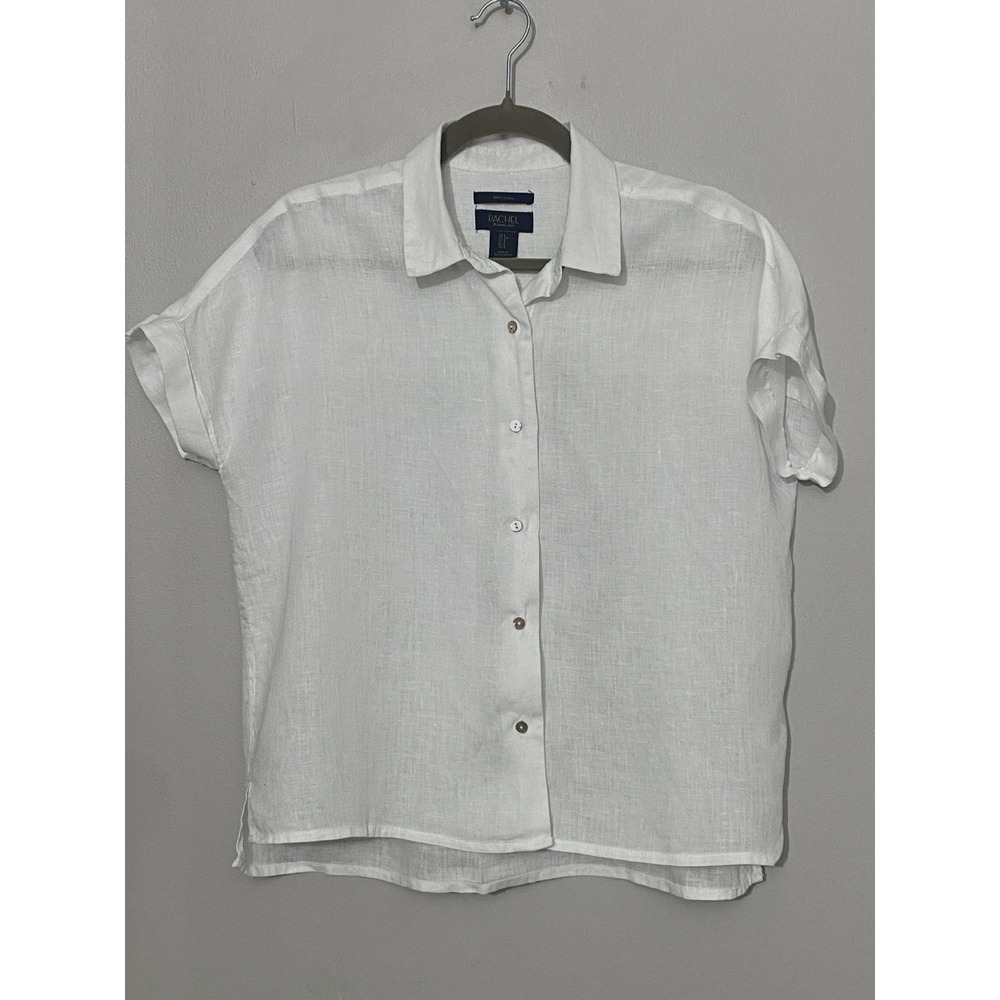 Womens 100% Linen Button Up Shirt Small White Boxy Minimalist Coastal Resort - Picture 2 of 8